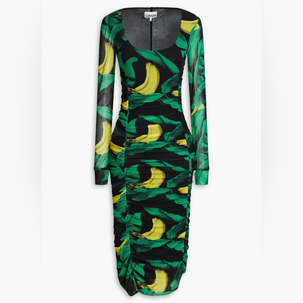 GANNI Mesh Banana Leaf Ruched Printed Midi Dress